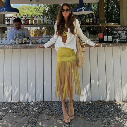 Conjunto Bikini y Falda Salida de Playa con Flecos Venecia moda