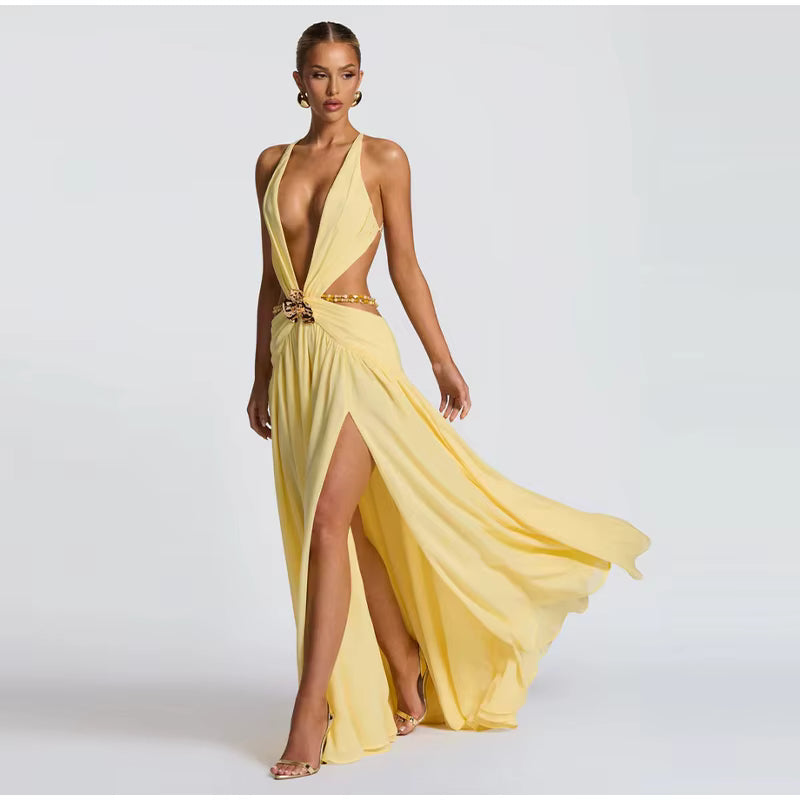 Vestido Largo con Espalda Abierta y Abertura Lateral Venecia Moda