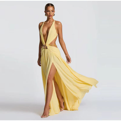 Vestido Largo con Espalda Abierta y Abertura Lateral Venecia Moda
