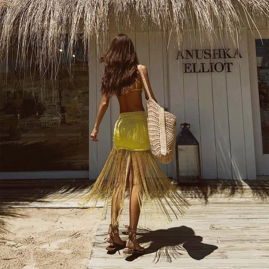 Conjunto Bikini y Falda Salida de Playa con Flecos Venecia moda