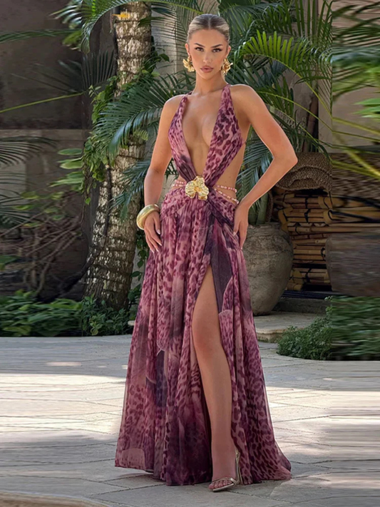 Vestido Largo con Espalda Abierta y Abertura Lateral Venecia Moda